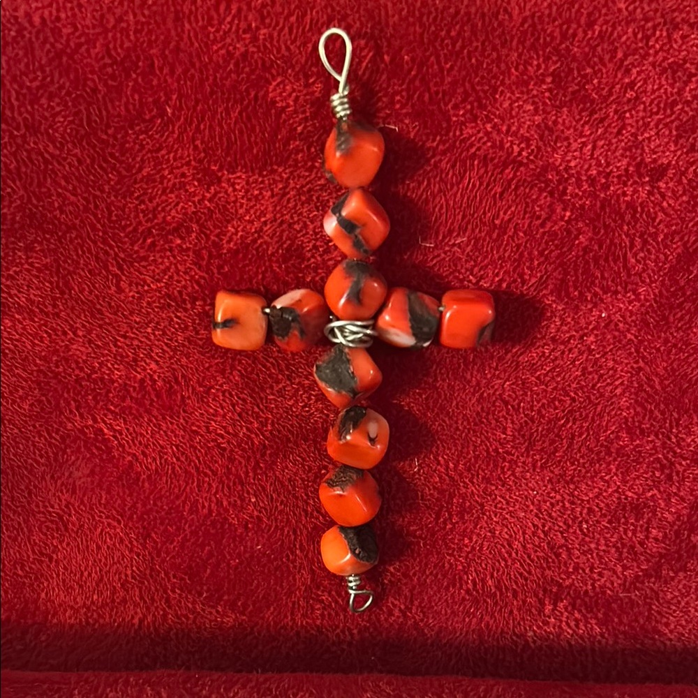 Coral Beaded Cross Pendant
